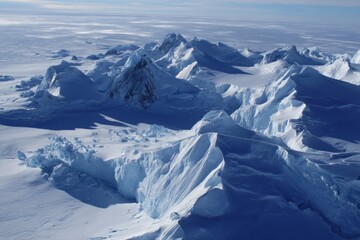 Expansive View of Majestic, Frozen Icy Mountain Peaks Stretching Across a Vast, Serene Polar Landscape, Capturing the Cold, Silent Beauty, Pristine Nature, and Tranquility of Remote Wilderness