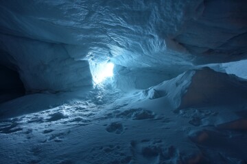 Mysterious Ice Cave Interior Illuminated by Ethereal Blue Light, Featuring Smooth, Frozen Surfaces and Shadowy Depths, Creating a Serene Atmosphere of Exploration, Quietude, and Wonder