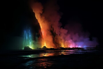 Dramatic nocturnal eruption showcasing luminous multicolored cascades pouring vividly from volcanic vents, illuminating steam clouds and creating an enchanting, dreamlike spectacle