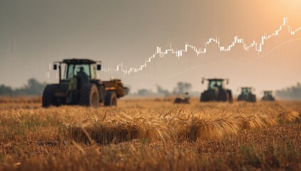 Fototapeta premium Golden Wheat Field with Harvesting Tractor and Financial Chart Overlay