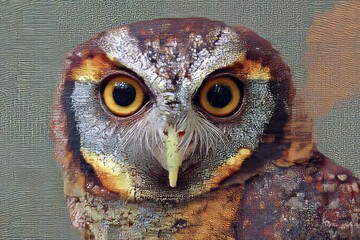 Artistic Portrait of a Striking Owl with Intense Golden Eyes and Rich, Detailed Feathers Exhibiting a Captivating Blend of Textures, Colors, Wisdom, and Natural Elegance in a Painterly Style