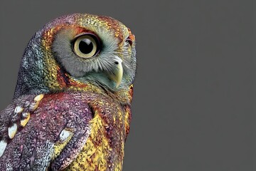 Vibrant Iridescent Owl with Textured Plumage, Golden Highlights, and Hypnotic Eyes in a Stylized Fantasy Realism Portrait on a Neutral Background