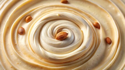 Close-up view of swirled creamy frosting adorned with roasted almonds, a delectable confectionery detail
