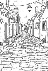 Black and white cobblestone alleyway, charming houses,  night scene