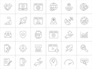 Fototapeta premium Digital Marketing Icons set in line style. Including digital marketing strategies, video marketing, SEO, social media, and website analytics. Outline icons, Vector illustration