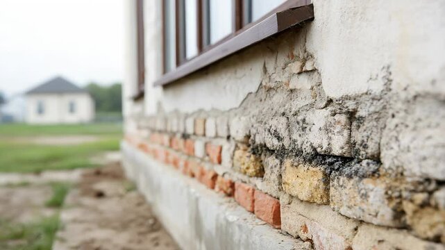 Old brick wall with damaged plaster, showing decay, moisture, and mold near window exterior of aged building hand pointing cracked plaster, exposed bricks, and moisture damage, indicating structural