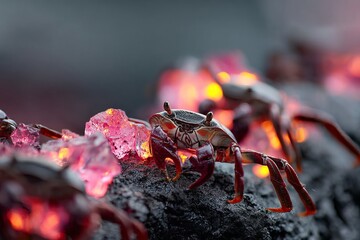 Crabs Navigating Over Glowing Magenta Crystals Embedded in Charcoal Terrain with Radiant Light Reflections Creating a Sci-Fi Ambience in an Otherworldly Nocturnal Setting