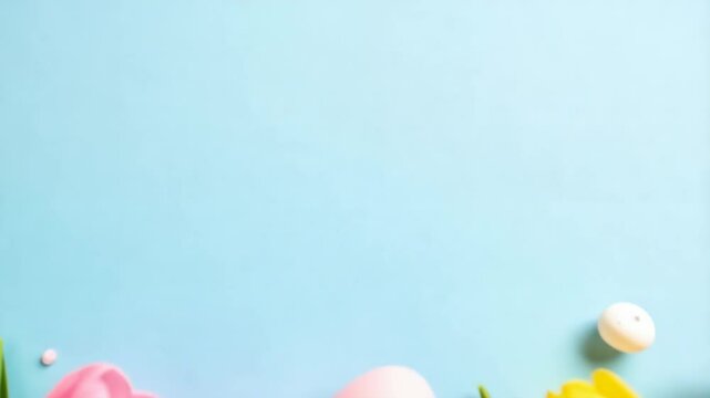 Pastel Easter eggs and tulips frame light blue background with copy space for holiday greetings and springtime announcements
