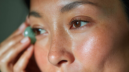 Mysterious Woman with Green Eye Patch Staring Intently into the Distance in a Dramatic Portrait Shot