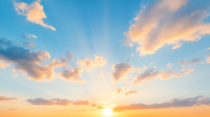 Obraz premium A breathtaking sunset displays vibrant colors in the sky, with soft clouds and golden rays illuminating the horizon.