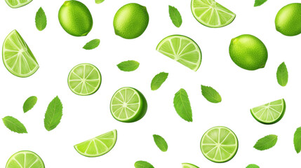 sliced lime and mint leaves on white background