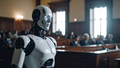 A humanoid robot stands in a courtroom, observing the proceedings. The robot's features are detailed, and the courtroom setting is formal and traditional.