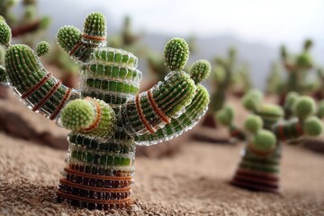 Futuristic Cactus Forms with Transparent Ringed Segments Standing in a Desert Landscape of Soft Sand and Overcast Light in a Surreal Botanical Scene with Sci-Fi Design Elements