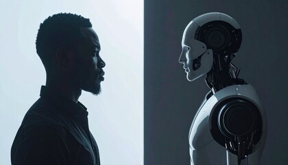 Man and robot facing each other, symbolizing the future of AI and human interaction. The image is a strong visual metaphor for the evolving relationship between humans and technology. 