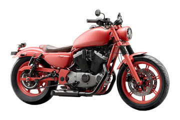 Studio shot of a red custom motorcycle on a clean transparent background provides a minimalist aesthetic