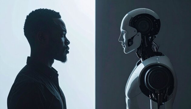 Man and robot facing each other, symbolizing the future of AI and human interaction. The image is a strong visual metaphor for the evolving relationship between humans and technology. 