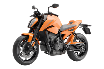 Sleek orange motorcycle studio shot against a stark transparent backdrop providing contrast