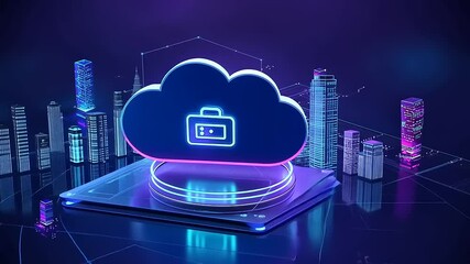 Futuristic cloud technology symbolizing data storage above a digital cityscape at night - Powered by Adobe