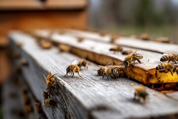 Honey Bees Buzzing Around Wooden Beehive Frames in a Sunlit Apiary Scene Capturing the Vital Role of Pollinators in Nature Through a Warm, Rustic, Close-Up Perspective