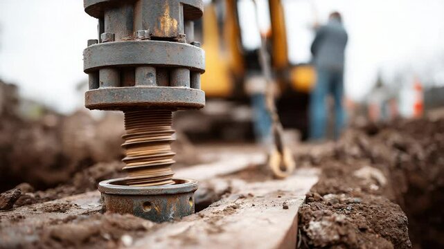 Heavy machinery and metal equipment construction site with worker engineering, drilling into soil and dirt outdoors, focusing industrial machinery, manual labor, safety, and steel tools action