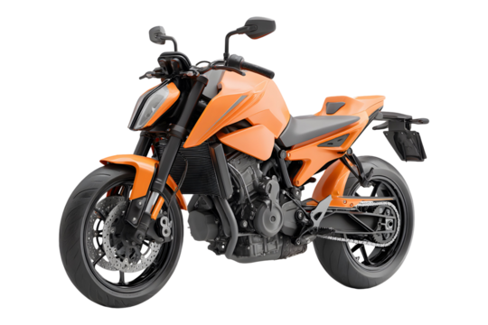Sleek orange motorcycle studio shot against a stark transparent backdrop providing contrast