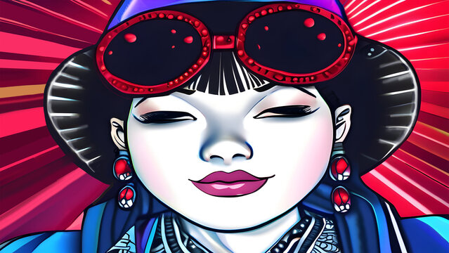 AI Pop Art portrait of proud Asian American, neon reds, blues and purples. JPEG, 4.2MB, 4800x2700px, 16x9in, 300 p/i. 