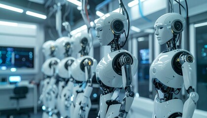 Fototapeta premium A row of advanced humanoid robots in a futuristic technology environment. They are standing in a line, symbolizing progress and innovation