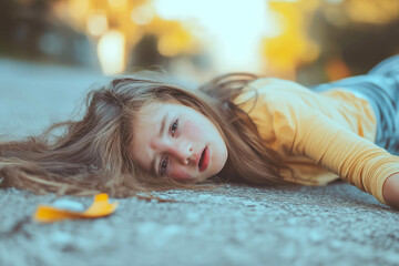 Unconscious girl fallen on ground after accident