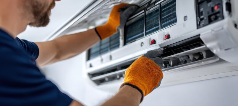 Male Technician Repairing White Air Conditioner Unit Indoors