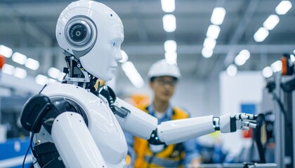 A sophisticated robot interacting within an advanced industrial setting. The image captures the robot's refined design, highlighting its futuristic appearance and the integration of automation