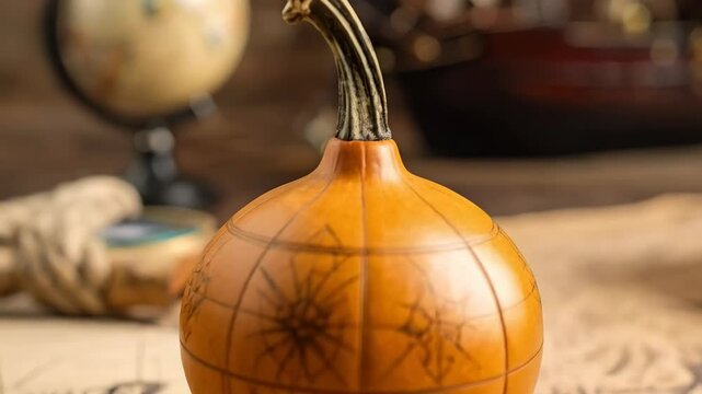 Decorative gourd with engraved map design displayed with pumpkin, rope, and globe on world map background