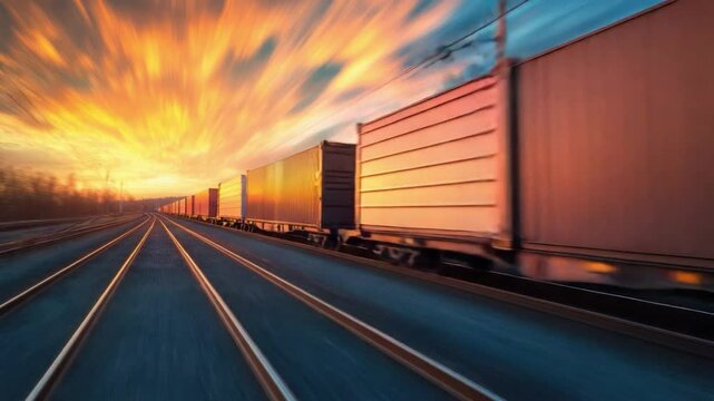 Speed and Freight: A high-speed freight train thunders down the tracks at sunset, showcasing the power and efficiency of modern transport.