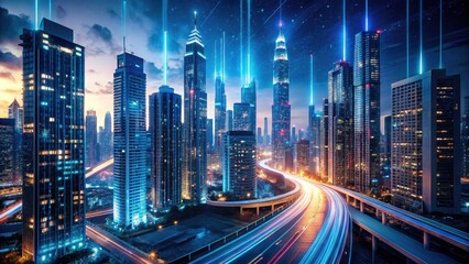 Futuristic Cityscape Night Photography: Binary Code, Skyscrapers, Traffic