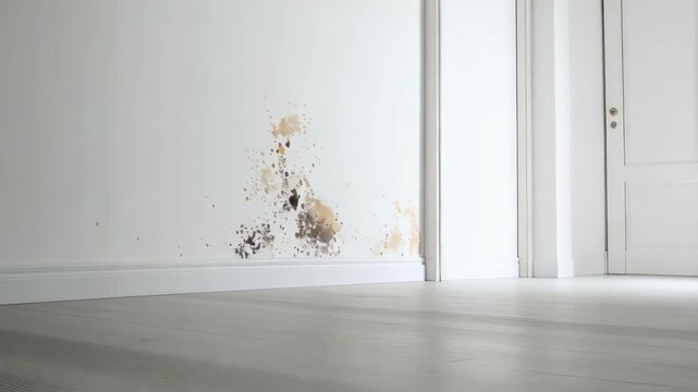 Spreading mold and mildew growth on white wall in a residential interior, indicating moisture damage and poor ventilation inside building