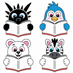 Obraz premium Adorable cartoon animals reading books cute illustration for kids story educational design fun bear baby polar zebra