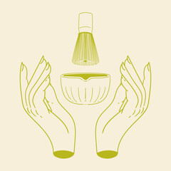 Matcha tea illustration set. Original hand-drawn green tea illustrations featuring matcha brewing utensils, a bamboo matcha whisk, and a Japanese matcha green tea brewing brush for posters, cards, caf