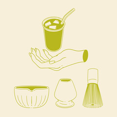 Matcha tea illustration set. Original hand-drawn green tea illustrations featuring matcha brewing utensils, a bamboo matcha whisk, and a Japanese matcha green tea brewing brush for posters, cards, caf
