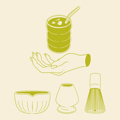 Matcha tea illustration set. Original hand-drawn green tea illustrations featuring matcha brewing utensils, a bamboo matcha whisk, and a Japanese matcha green tea brewing brush for posters, cards, caf