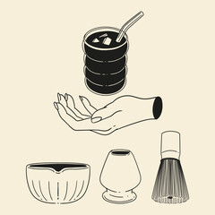 Matcha tea illustration set. Original hand-drawn green tea illustrations featuring matcha brewing utensils, a bamboo matcha whisk, and a Japanese matcha green tea brewing brush for posters, cards, caf
