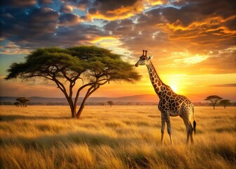 Obraz premium Giraffe Print Landscape Photography: Serengeti Sunset, African Savanna, Wildlife Seamless Pattern