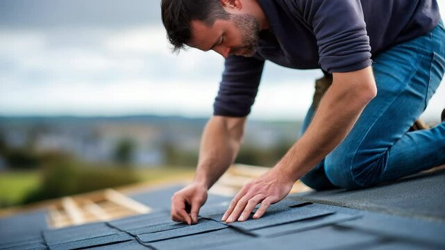Man installing asphalt shingles on house roof, focused on precise placement, outdoor construction work, home improvement, renovation, and skilled craftsmanship in residential building
