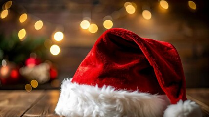 Festive Santa Claus hat resting on a rustic wooden table with Christmas ornaments and bokeh lights in the background creating a warm, holiday atmosphere. - Powered by Adobe