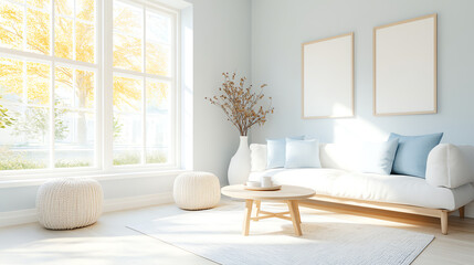 Fototapeta premium Bright and airy living room with minimalist decor, featuring natural light and cozy furnishings for a calming vibe.