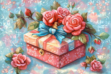 Valentines day card with gift box and rose flowers