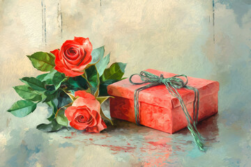 Valentines day card with gift box and rose flowers