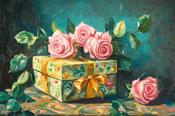 Valentines day card with gift box and rose flowers