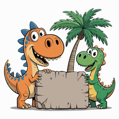 Naklejka premium Two cute cartoon dinosaurs holding a blank stone sign tropical palm tree background illustration fun kids happy green