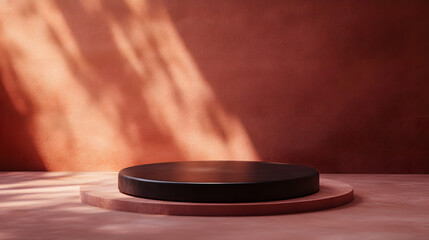 Round black platform is spotlighted against textured red wall, creating dramatic and elegant display