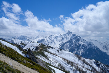 【残雪期　燕岳】燕岳稜線から望む槍ヶ岳