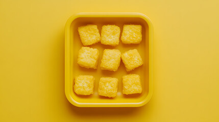 Golden tofu nuggets arranged in minimal yellow tray on matching background